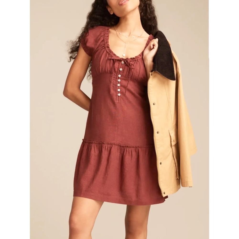 Lucky Brand Market Mini Dress Linen Blend Sable Red Brown Short Sleeve Boho XL